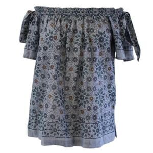 LOFT Off The Shoulder Flutter Sleeve Floral Top 100% Cotton GRAY Sz M